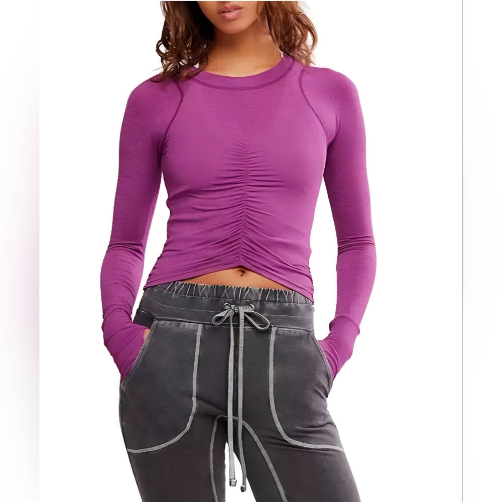 FP Movement Tempo Ruched Long Sleeve Top In Deep Mulberry, NWT